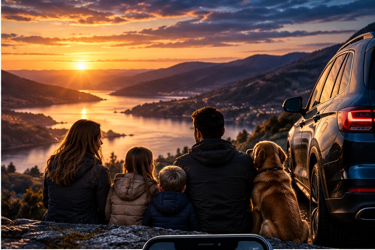 Family beside a vehicle at sunset